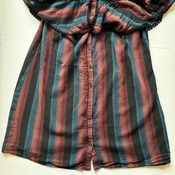 WAYF Mini Dress Striped Off the Shoulder Pom Pom Ruffle Lined Boho Beachy Sz L - Picture 13 of 16